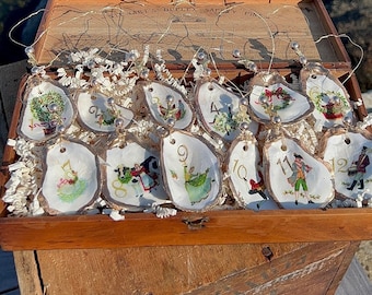 Twelve Days of Christmas Decoupaged Shell Ornament Set Classic Christmas gift idea. Beachy Hostess gift idea & coastal housewarming idea