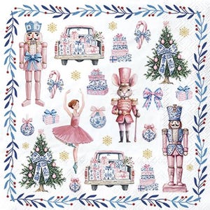May include: A decorative paper napkin with a Christmas theme. The design features illustrations of nutcrackers, a ballerina, Christmas trees, gift-filled trucks, and wrapped presents in shades of pink, blue, and white, framed by a blue and green border.