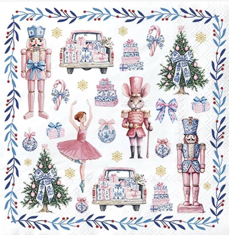 May include: A decorative paper napkin with a Christmas theme. The design features illustrations of nutcrackers, a ballerina, Christmas trees, gift-filled trucks, and wrapped presents in shades of pink, blue, and white, framed by a blue and green border.