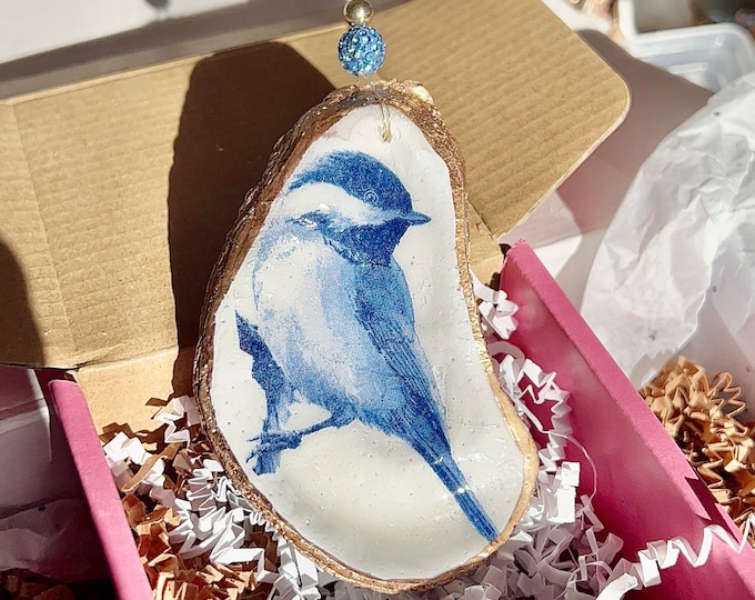Large Blue Bird Ornament. Blue Bird Oyster shell Christmas ornament. Coastal grandmillenial gift/decor