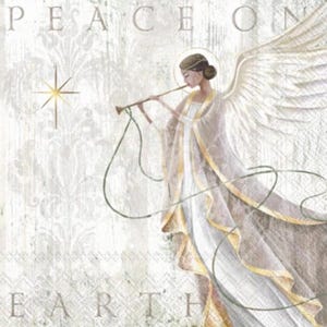 May include: A serene illustration of an angel playing a trumpet, with the words "PEACE ON EARTH" at the top and bottom. The angel is depicted in flowing white and gold robes, with large, detailed wings. A star is visible to the left of the angel.