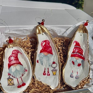 Large Red Gnomes Christmas Ornament Gift Set. Gnome shell ornament set. Christmas Gnomes oyster ornament set. Christmas ornament set.
