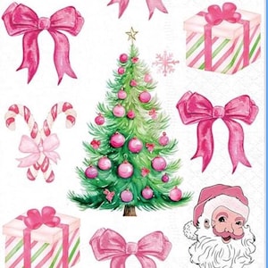 May include: Watercolor Christmas-themed illustrations. The image features a decorated Christmas tree, pink bows, Santa Claus, candy canes, gift boxes, snowflakes, and a gingerbread man. The color palette includes pink, green, and white.