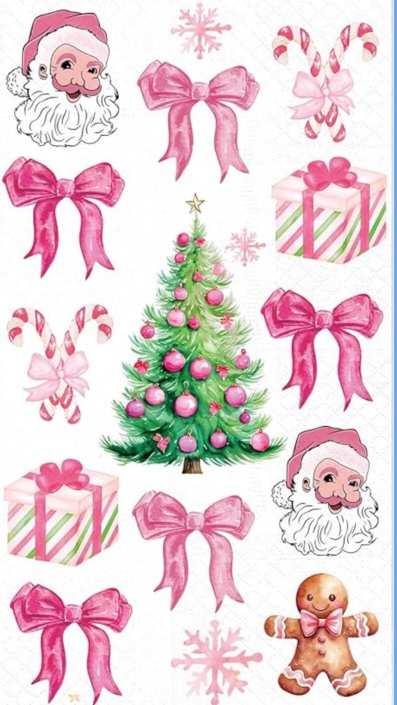 May include: Watercolor Christmas-themed illustrations. The image features a decorated Christmas tree, pink bows, Santa Claus, candy canes, gift boxes, snowflakes, and a gingerbread man. The color palette includes pink, green, and white.