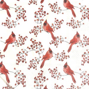 red Cardinals with red winter berries napkin