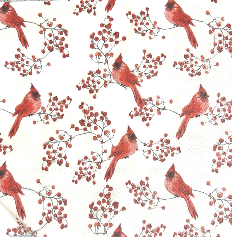 red Cardinals with red winter berries napkin