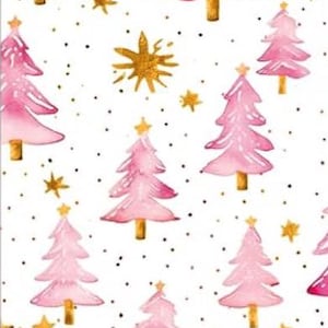 May include: Watercolor pattern featuring pink Christmas trees with gold star toppers and trunks, scattered with gold stars and small black dots on a white background. Festive design for holiday-themed products.