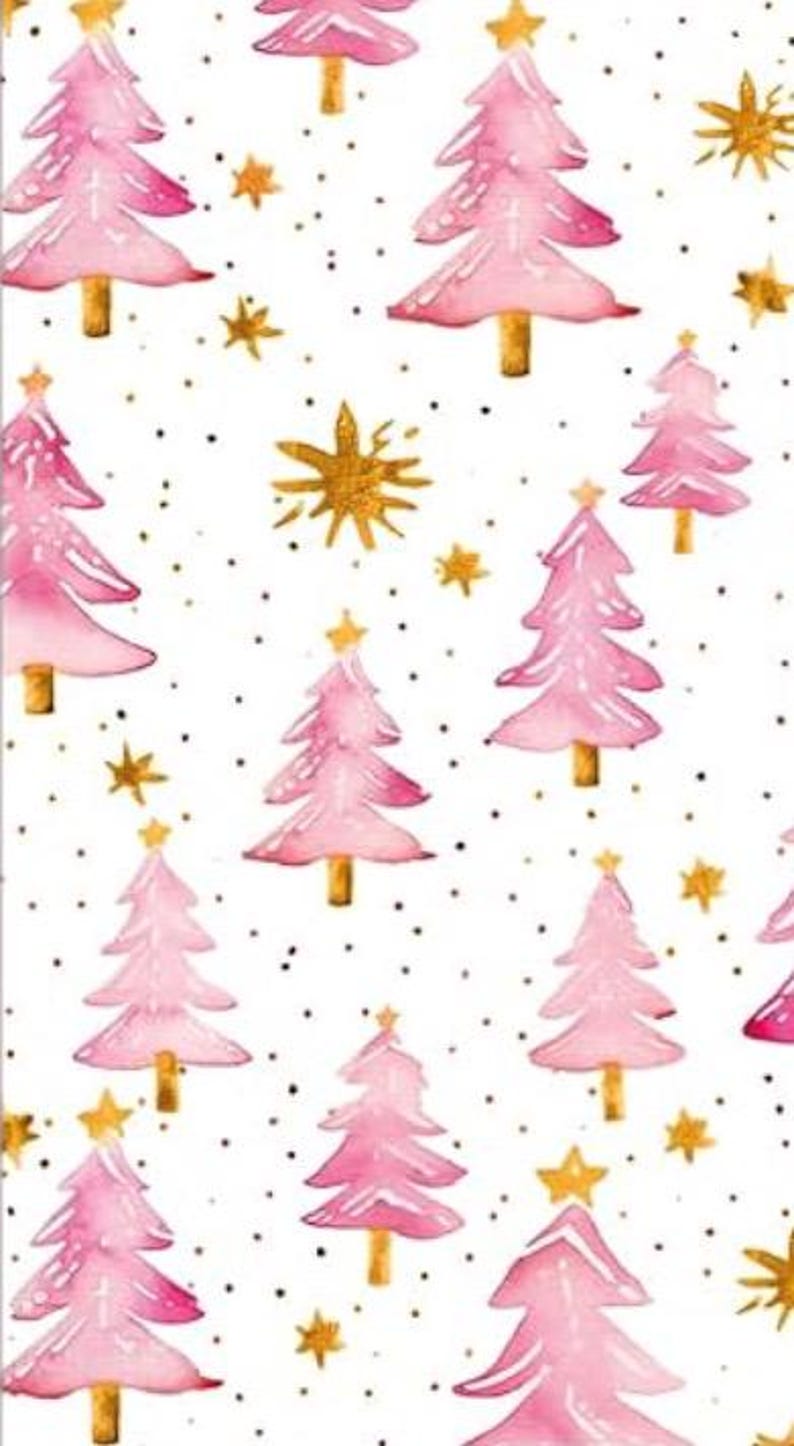 May include: Watercolor pattern featuring pink Christmas trees with gold star toppers and trunks, scattered with gold stars and small black dots on a white background. Festive design for holiday-themed products.