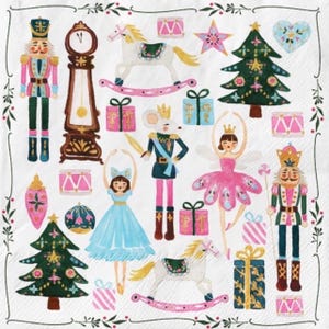 May include: A decorative napkin featuring a whimsical Nutcracker theme. The design includes a clock, toy soldiers, a mouse king, ballerinas, rocking horses, wrapped gifts, Christmas trees, and drums in shades of pink, blue, green, and gold, set against a white background.