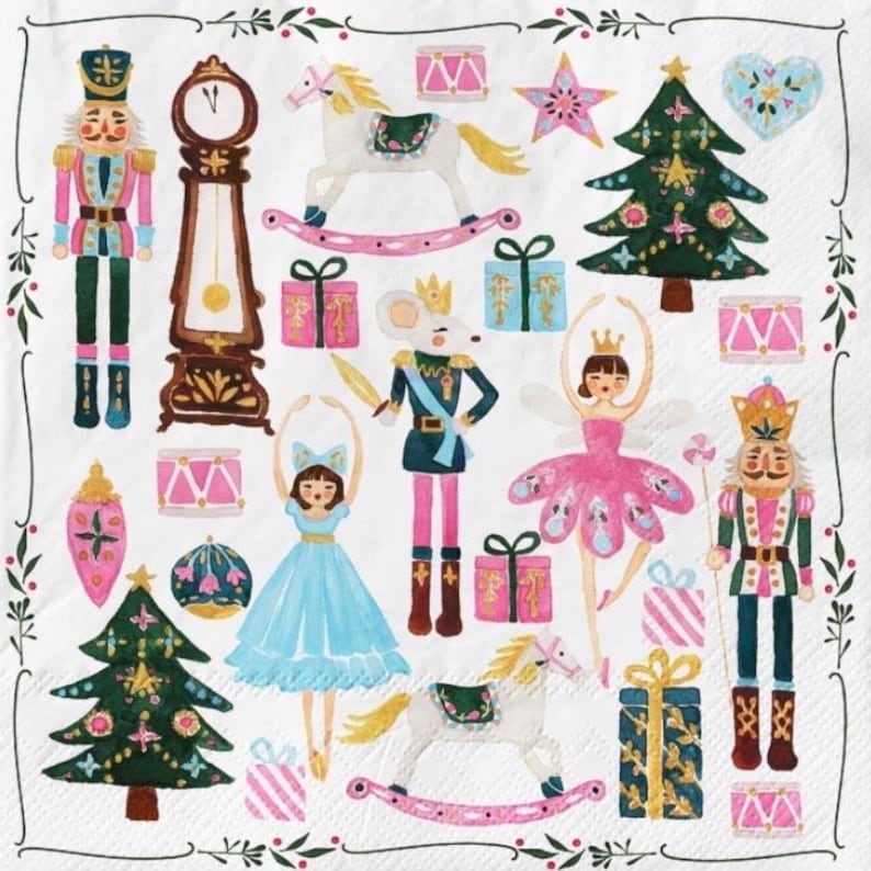 May include: A decorative napkin featuring a whimsical Nutcracker theme. The design includes a clock, toy soldiers, a mouse king, ballerinas, rocking horses, wrapped gifts, Christmas trees, and drums in shades of pink, blue, green, and gold, set against a white background.