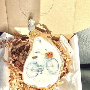 Vintage bicycle Christmas Ornament. Classic Christmas ornament made from oyster shell. Old fashioned bike Ornament. Beach Cruiser ornament image 1