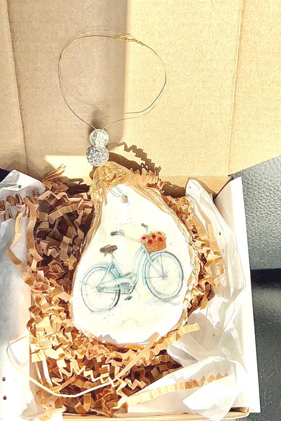 Vintage bicycle Christmas Ornament. Classic Christmas ornament made from oyster shell. Old fashioned bike Ornament. Beach Cruiser ornament