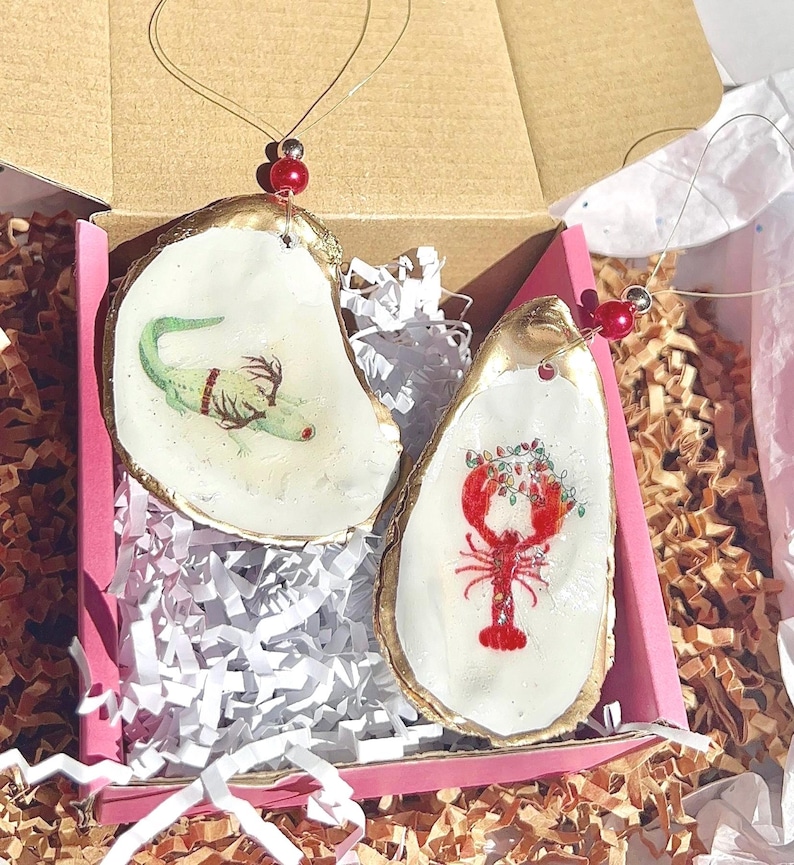 New Orleans Louisiana style alligator and holiday crawfish oyster shell Christmas ornaments