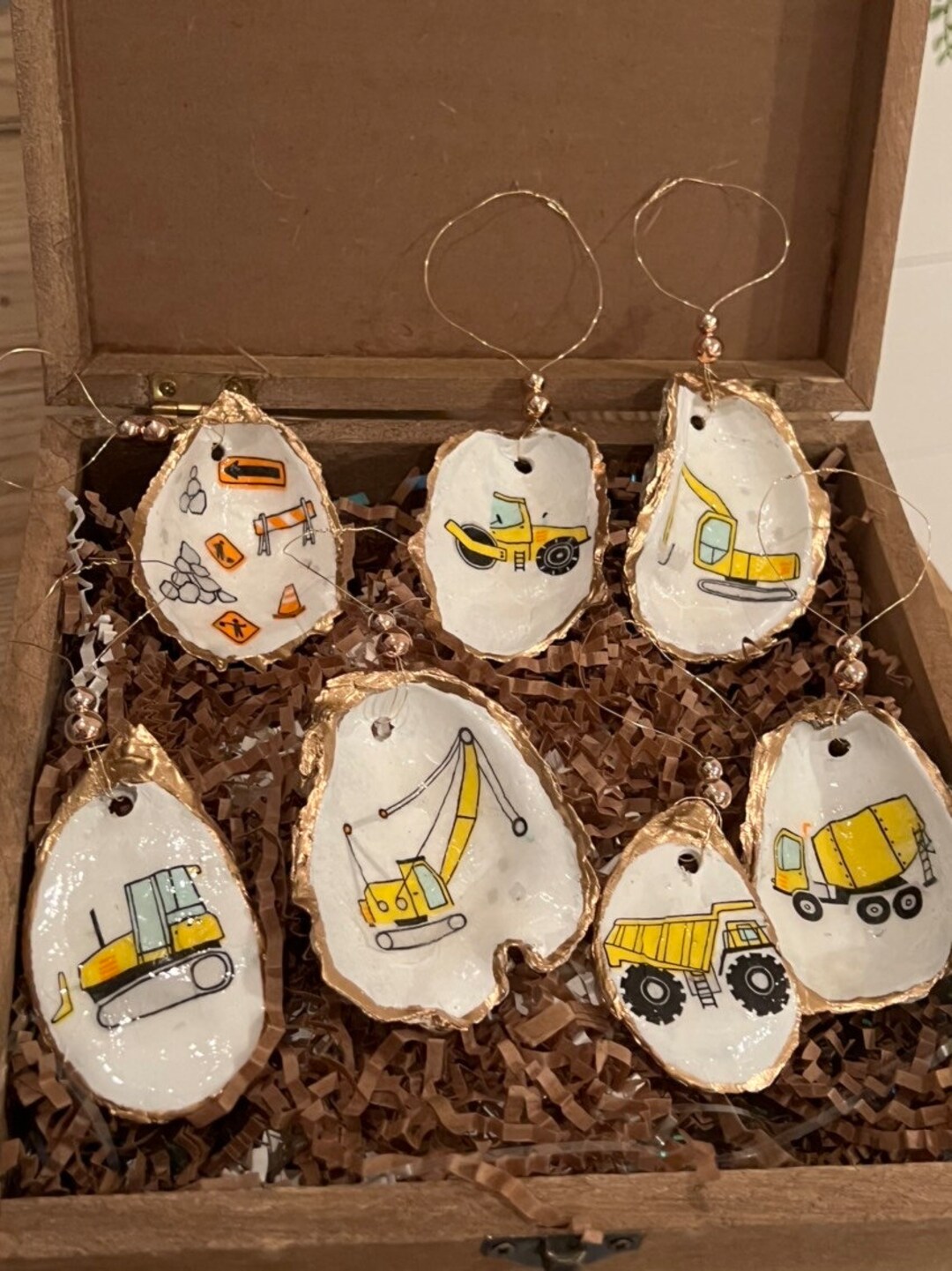 Construction Ornament. Kids Christmas Ornament. Oyster Shell Christmas Ornaments. Construction
