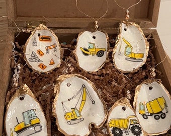 Construction Ornament Set. Kids Christmas Ornaments. Oyster shell Christmas ornaments. Construction vehicle Christmas Ornaments. Kids gifts.