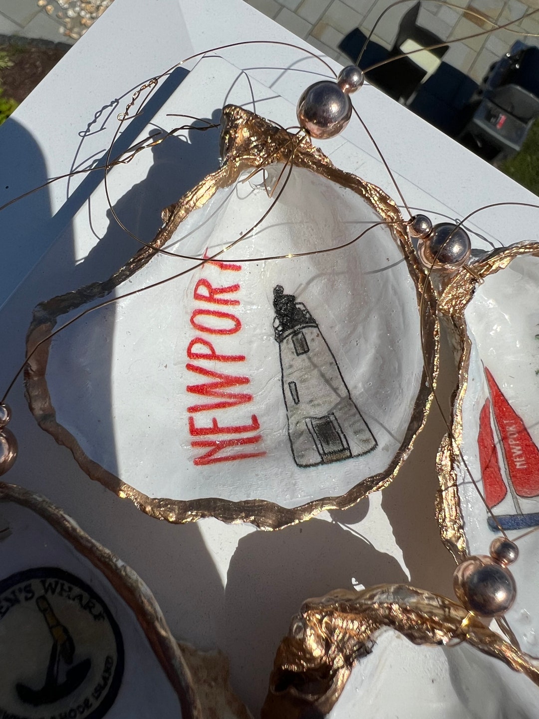 Newport-themed Oyster Shell Ornament Set. Newport RI Christmas