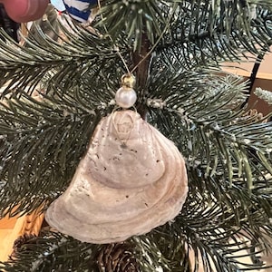 May include: A white, textured, shell-shaped Christmas ornament with a gold and pearl accent hanging on a snowy artificial pine tree.