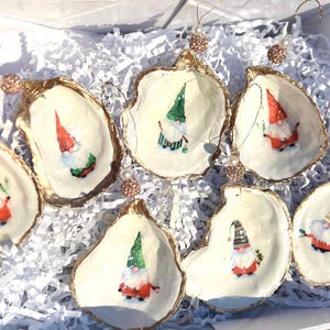Gnome Christmas Ornament Set. Gnome decoupaged oyster shell ornament set. Gnome shell ornament set. Gnome ornament Coastal Christmas gift