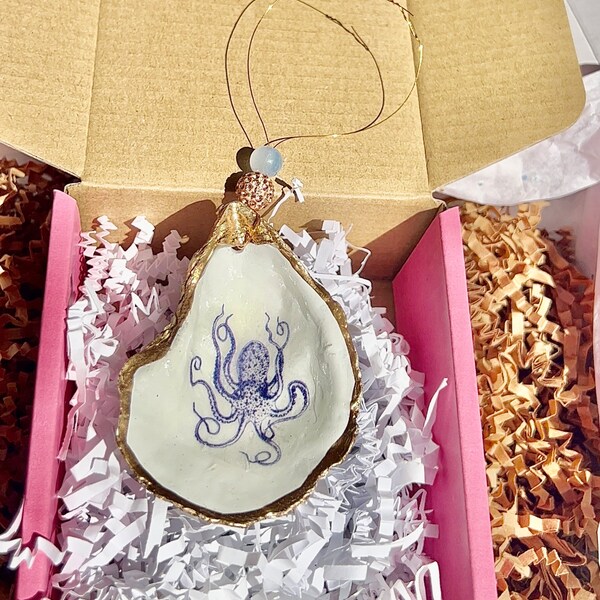 Vintage marineblauw Octopusornament. Octopus-kerstornament. Blauwe octopus Oesterschelp Kerstornament. Nautisch kerstornament.