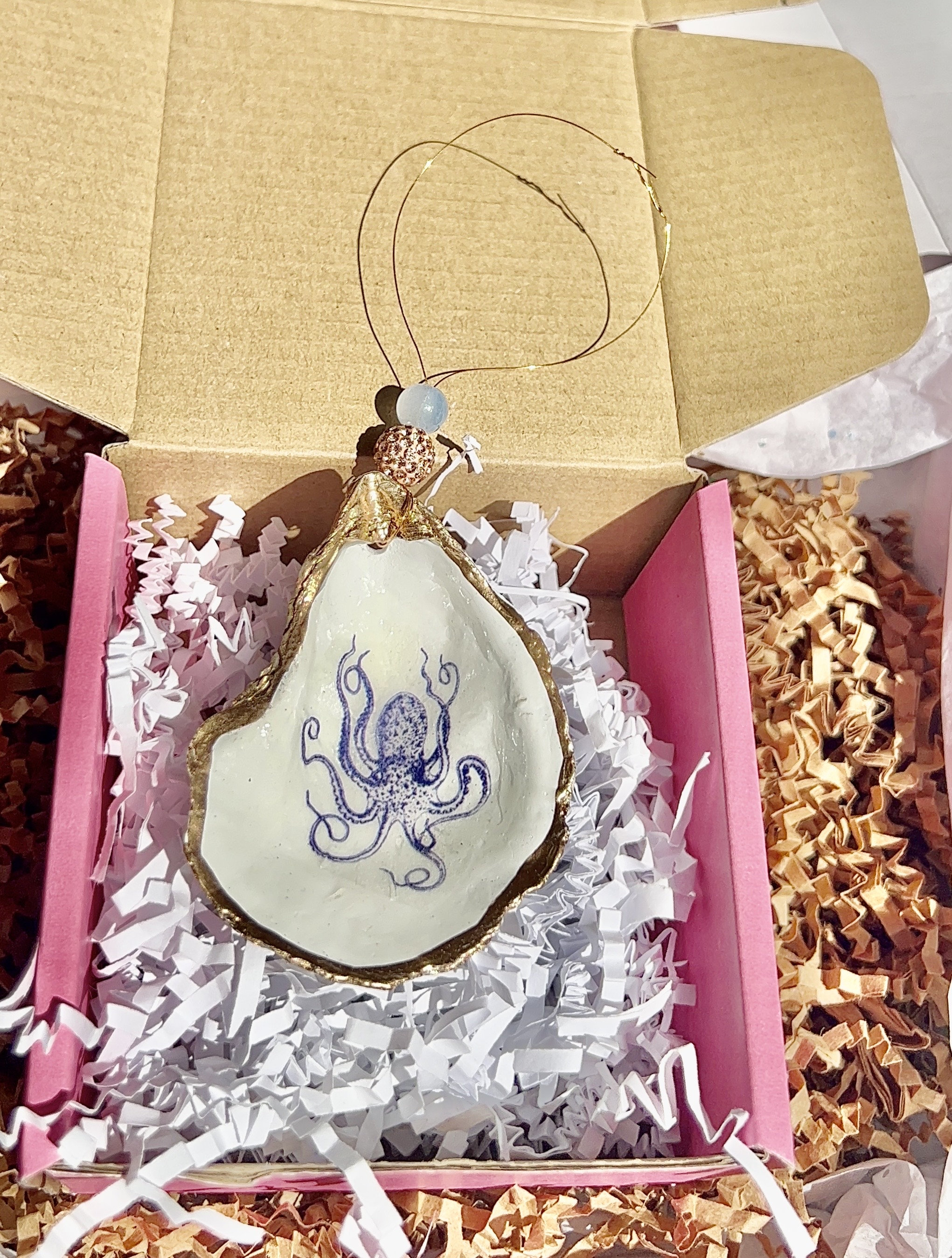 Vintage navy blue Octopus Ornament. Octopus Christmas Ornament. Blue octopus Oyster shell Christmas ornament. Nautical Christmas Ornament.