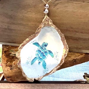 Sea Turtle decoupaged oyster shell Christmas Ornament. Sea turtle Christmas ornament. Sea turtle ornament. Sea turtle shell ornament gift