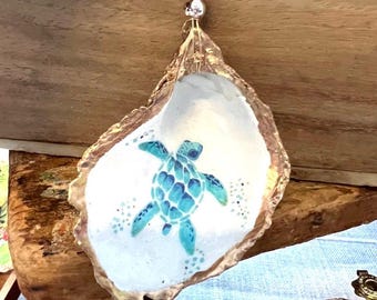 Sea Turtle decoupaged oyster shell Christmas Ornament. Sea turtle Christmas ornament. Sea turtle ornament. Sea turtle shell ornament gift