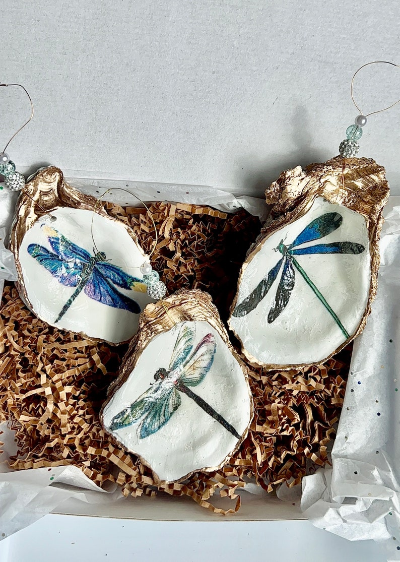 Silvery blue dragonflies oyster shell Christmas ornaments