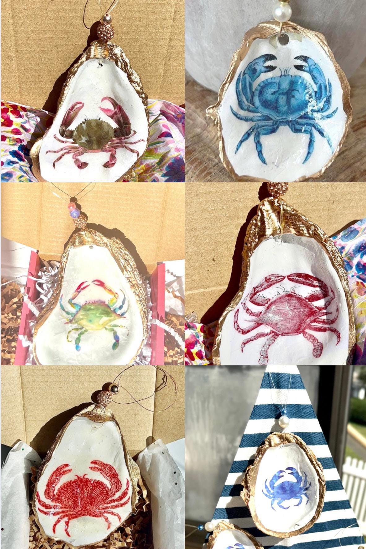 Crab Oyster Shell Ornament. Oyster Shell Christmas Ornament. Blue