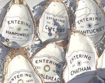 Enfeite de concha de ostra de Cohasset. Porta-anéis de Cohasset para lembrancinha de festa. Enfeite de Natal de Cohasset. Lembrancinha de casamento de Cohasset. Lembrancinha de festa de Cohasset