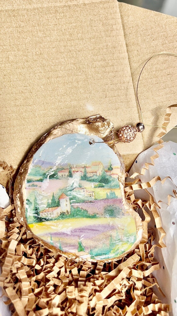 Mediterranean village scene Ornament. Italian country shell Christmas Ornament. Provence/Tuscany oyster shell ornament. Italy girls trip