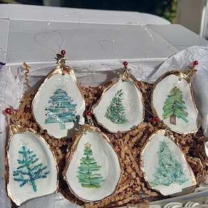 Christmas Tree Ornament Set. Beachy Christmas Tree Oyster Shell Ornaments. Nautical Christmas Ornaments. Coastal Christmas. Sea glass trees