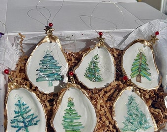 Christmas Tree Ornament Set. Beachy Christmas Tree Oyster Shell Ornaments. Nautical Christmas Ornaments. Coastal Christmas. Sea glass trees