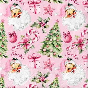 May include: Pink Christmas-themed pattern featuring Santa Claus, Christmas trees, candy canes, gift boxes, and star ornaments. The design includes holly with red berries and pink bows, creating a festive holiday aesthetic.