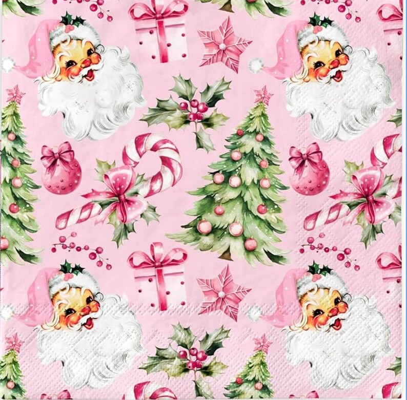 May include: Pink Christmas-themed pattern featuring Santa Claus, Christmas trees, candy canes, gift boxes, and star ornaments. The design includes holly with red berries and pink bows, creating a festive holiday aesthetic.
