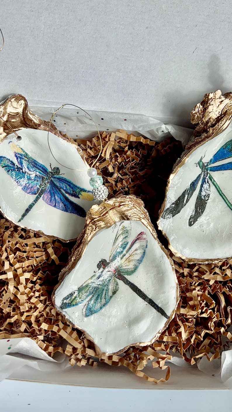 May include: Three gold-rimmed oyster shell ornaments with dragonfly designs. Each shell features a different dragonfly with intricate details and vibrant colors, including blue, green, and red.