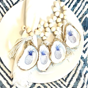 Chinoiserie Napkin Ring set w/ pineapple. Oyster shell napkin rings for mom. Dusty blue coastal decor. Blue toile napkin rings stepmom gift