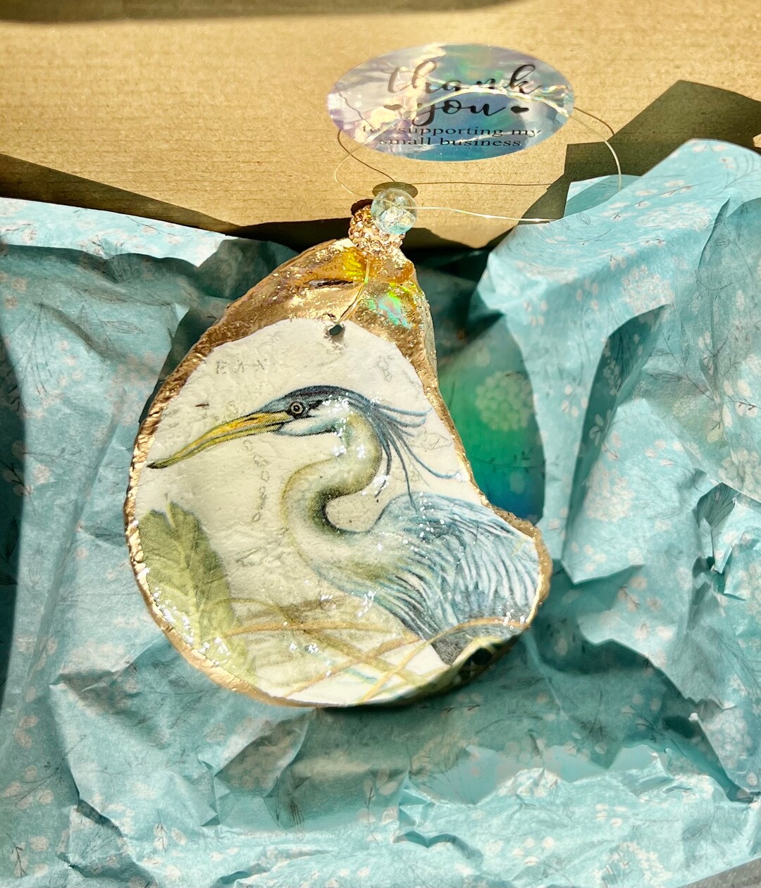 Blue Heron Ornament. Vintage Heron Christmas Ornament. Oyster Shell