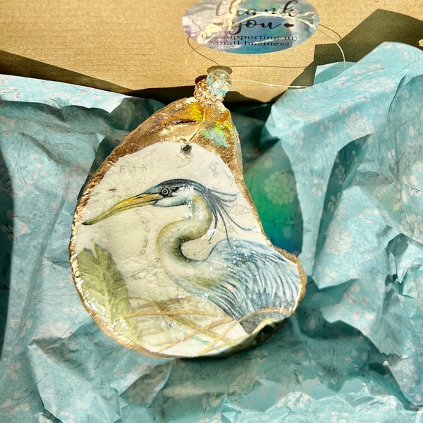 Destination wedding favor. Vintage Blue Heron Shell Ornament. Luxury wedding favor. Egret Christmas Ornament. Bird lover gift. Wine charm