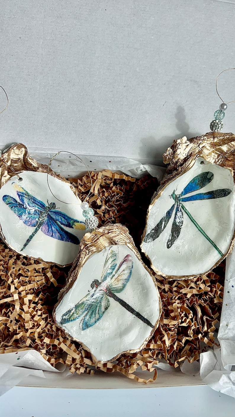 May include: Three oyster shell ornaments with gold trim, each featuring a different dragonfly design. The dragonflies are painted in shades of blue, green, and white.