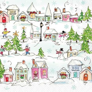 May include: A whimsical illustration of a snowy village scene with colorful houses, snow-covered roofs, and evergreen trees. Children play in the snow, and snowmen stand near the houses. Red bows adorn some of the houses, and snowflakes fall gently.
