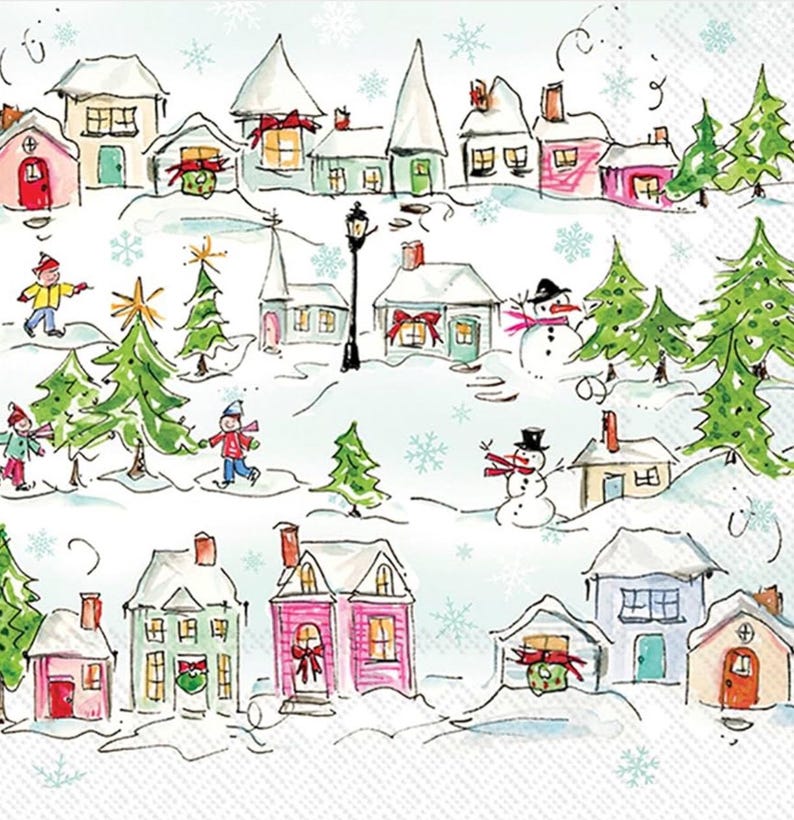 May include: A whimsical illustration of a snowy village scene with colorful houses, snow-covered roofs, and evergreen trees. Children play in the snow, and snowmen stand near the houses. Red bows adorn some of the houses, and snowflakes fall gently.