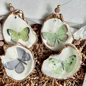 Butterfly Decoupaged Oyster shell ornament. Christmas or beach tree ornament cottage core idea gift for mom or nana. Spring boho party gift