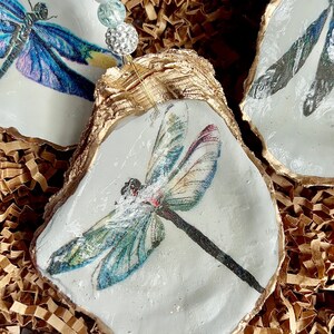 May include: Three white oyster shell ornaments with gold trim, each featuring a different dragonfly design. The dragonflies are painted in shades of blue, green, and purple.