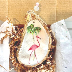 Flamingo and Palm tree oyster shell Ornament. Tropical christmas ornament. Flamingo Ornament Coastal Christmas Hostess gift. Gift Under 20