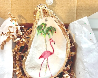 Flamingo and Palm tree oyster shell Ornament. Tropical christmas ornament. Flamingo Ornament Coastal Christmas Hostess gift. Gift Under 20