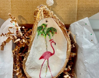 Flamingo and Palm tree oyster shell Ornament. Tropical christmas ornament. Flamingo Ornament. Coastal Christmas. Hostess gift. Gift Under 20