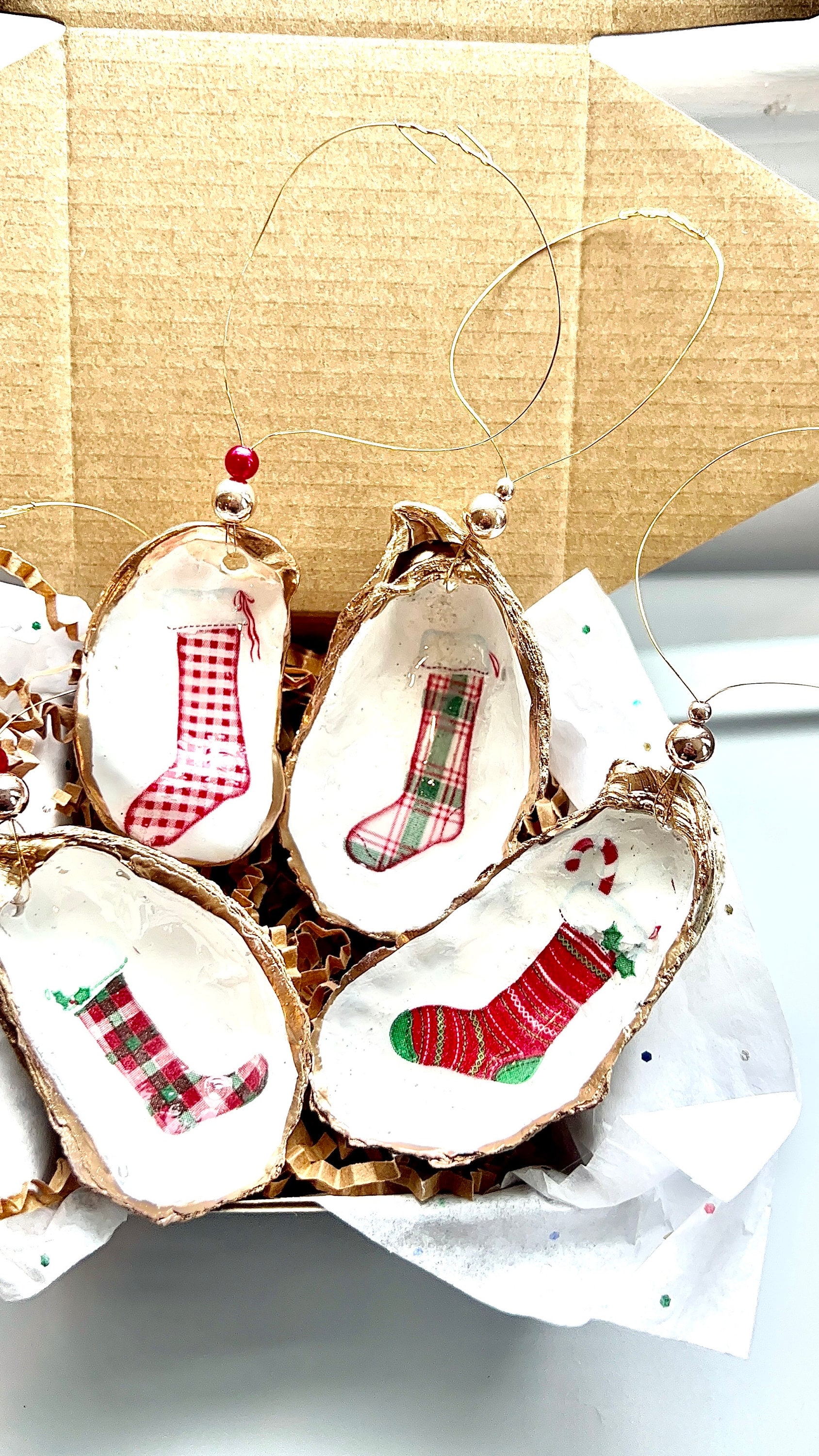 Stockings Ornament. Stocking Shell Christmas Ornament. Oyster shell Christmas ornaments.