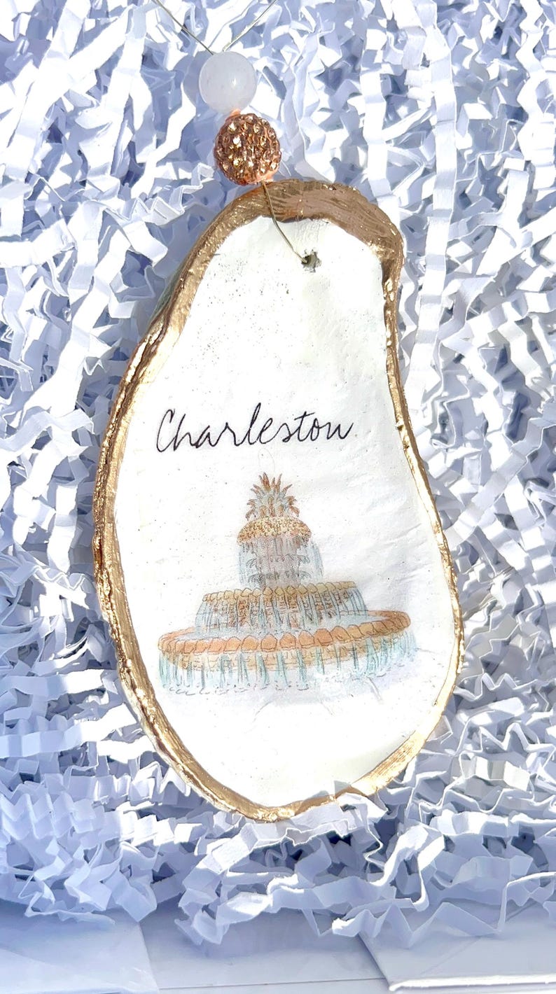 watercolor Charleston pineapple fountain decoupaged on an oyster shell ornament