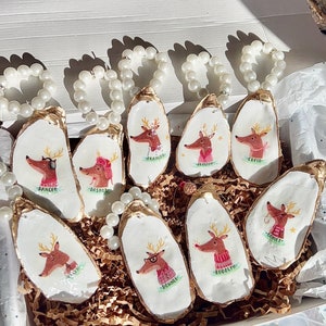 Santa’s Reindeer Oyster shell ornament gift set. Rudolph & Reindeer shell Christmas ornament gift idea. Housewarming gift. Wedding gift