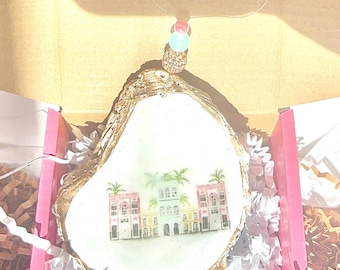 CHARLESTON OYSTER SHELL Ornament. Rainbow row Charleston christmas ornament. Handmade Charleston Souvenir. Charleston bachelorette favor